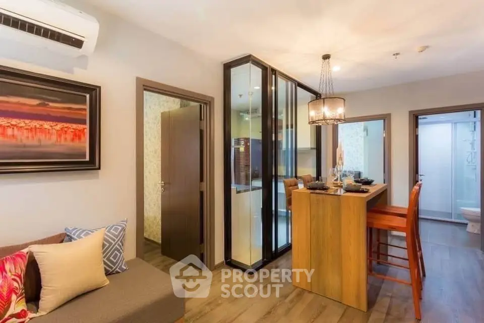 Modern living room with stylish bar counter and cozy seating area