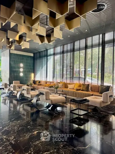 Luxurious modern living room with unique ceiling design and elegant seating