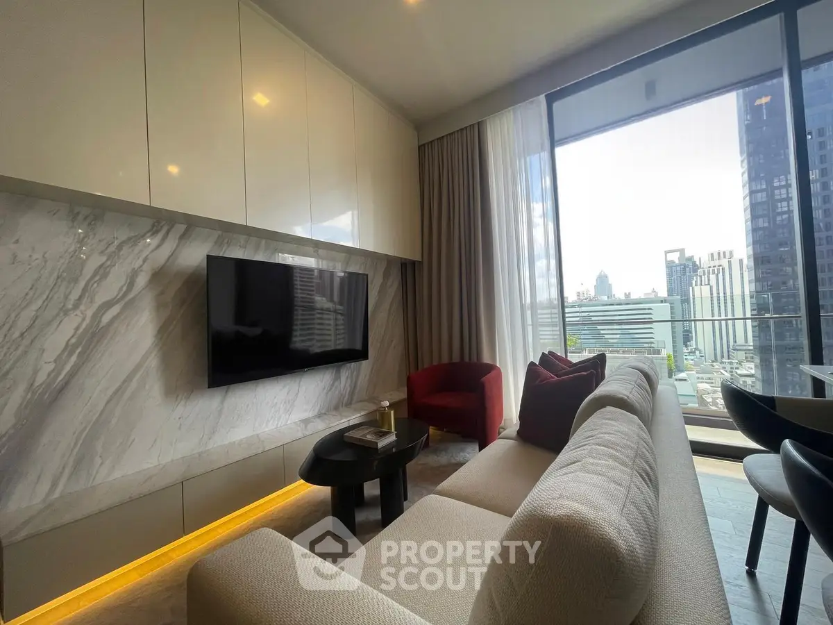 Luxurious modern living room with city view, featuring elegant furniture and stylish decor.