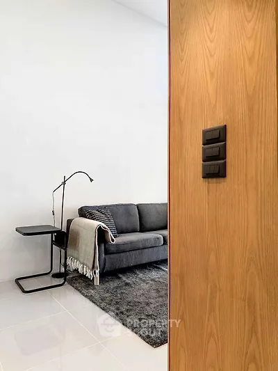 Modern living room with sleek sofa and stylish floor lamp, perfect for contemporary living.