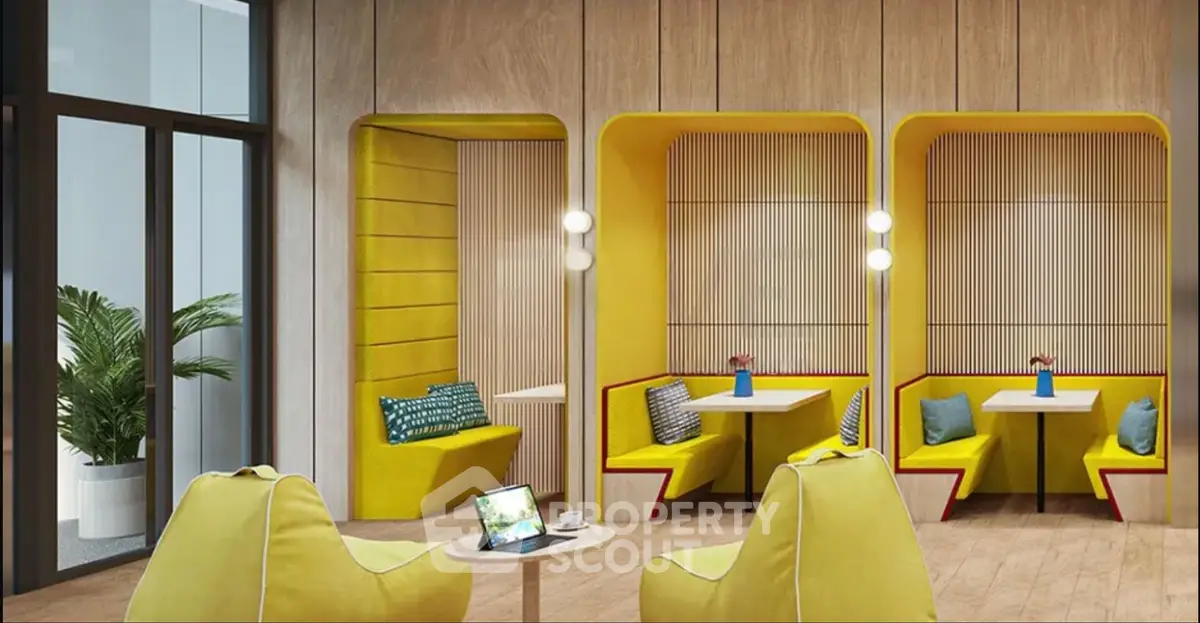 Modern co-working space with vibrant yellow seating and wooden accents, perfect for creative collaboration.