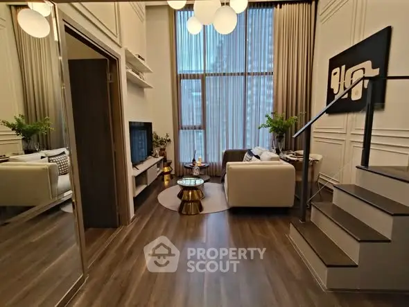 Stylish modern living room with high ceilings and elegant decor