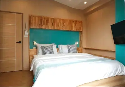 Cozy bedroom with modern wooden accents and stylish decor