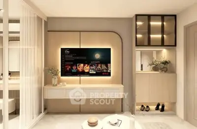 Modern living room with sleek TV setup and stylish decor