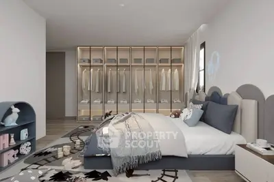 Luxurious bedroom with modern design, featuring a spacious walk-in closet and stylish decor.