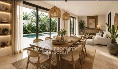 Luxurious open-plan living and dining area with pool view, featuring elegant decor and natural light.