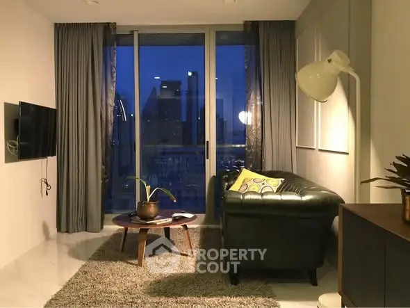 Chic urban living room with city view, cozy sofa, and modern decor.