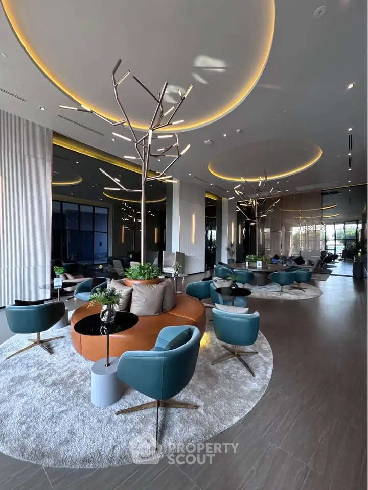 Luxurious modern living room with stylish furniture and unique lighting fixtures