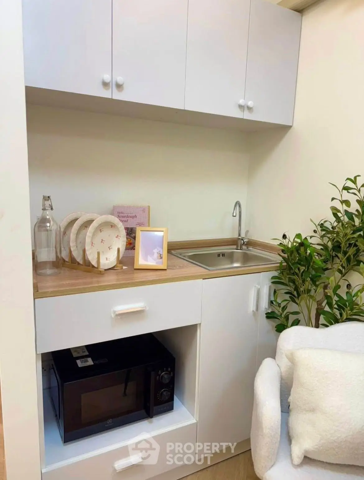 Charming compact kitchen with modern cabinetry and cozy decor