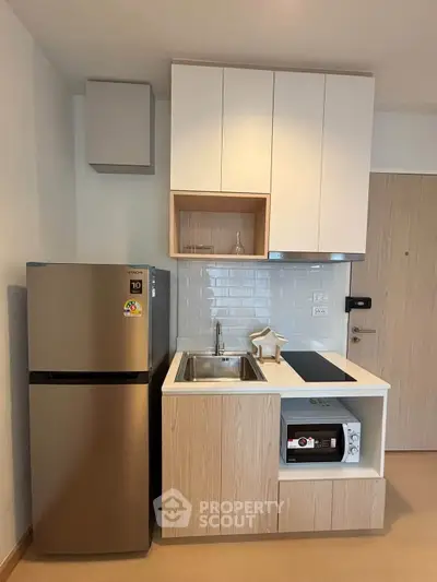 Modern compact kitchen with sleek appliances and stylish cabinetry in a contemporary apartment.