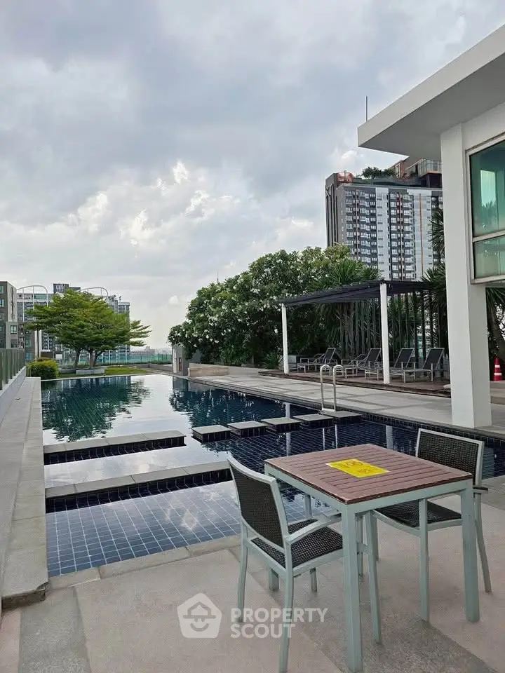 Luxurious rooftop pool with modern seating and stunning city views.