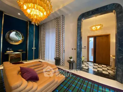 Luxurious living room with unique sofa and elegant decor in modern apartment