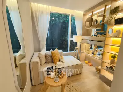 Charming pet-friendly living room with cozy decor and large window view