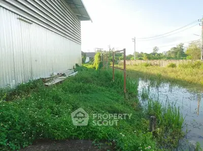 Industrial building exterior with adjacent overgrown grassy area and water feature.