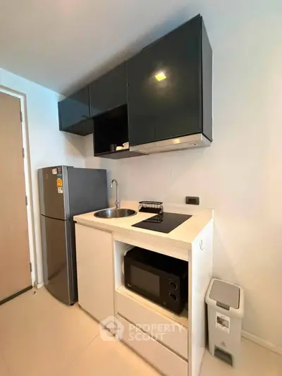 Modern compact kitchen with sleek cabinets and appliances in a stylish apartment.
