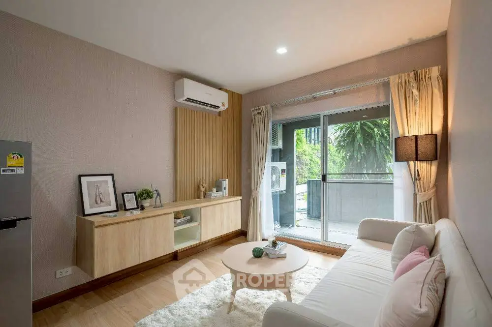 Modern living room with balcony view and stylish decor