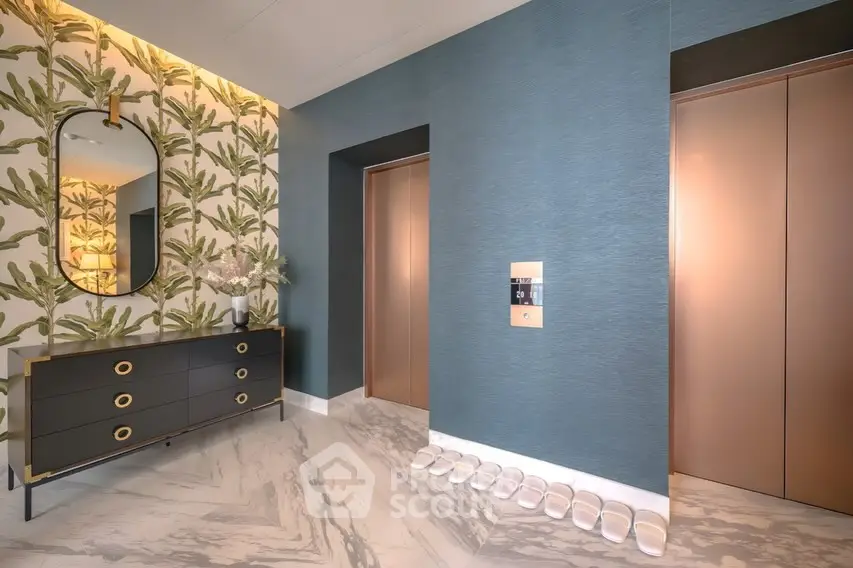 Luxurious elevator lobby with elegant decor and modern design