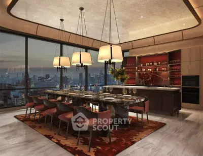 Luxurious dining room with city skyline view, elegant lighting, and modern decor.