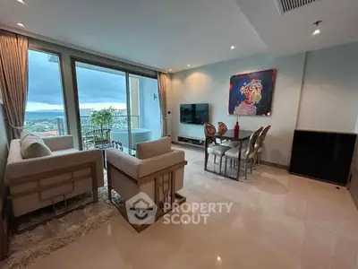 Luxurious living room with elegant furniture and stunning balcony view