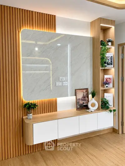 Modern living room with stylish wooden paneling and elegant decor