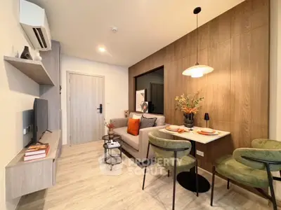 Modern living room with stylish decor and cozy dining area