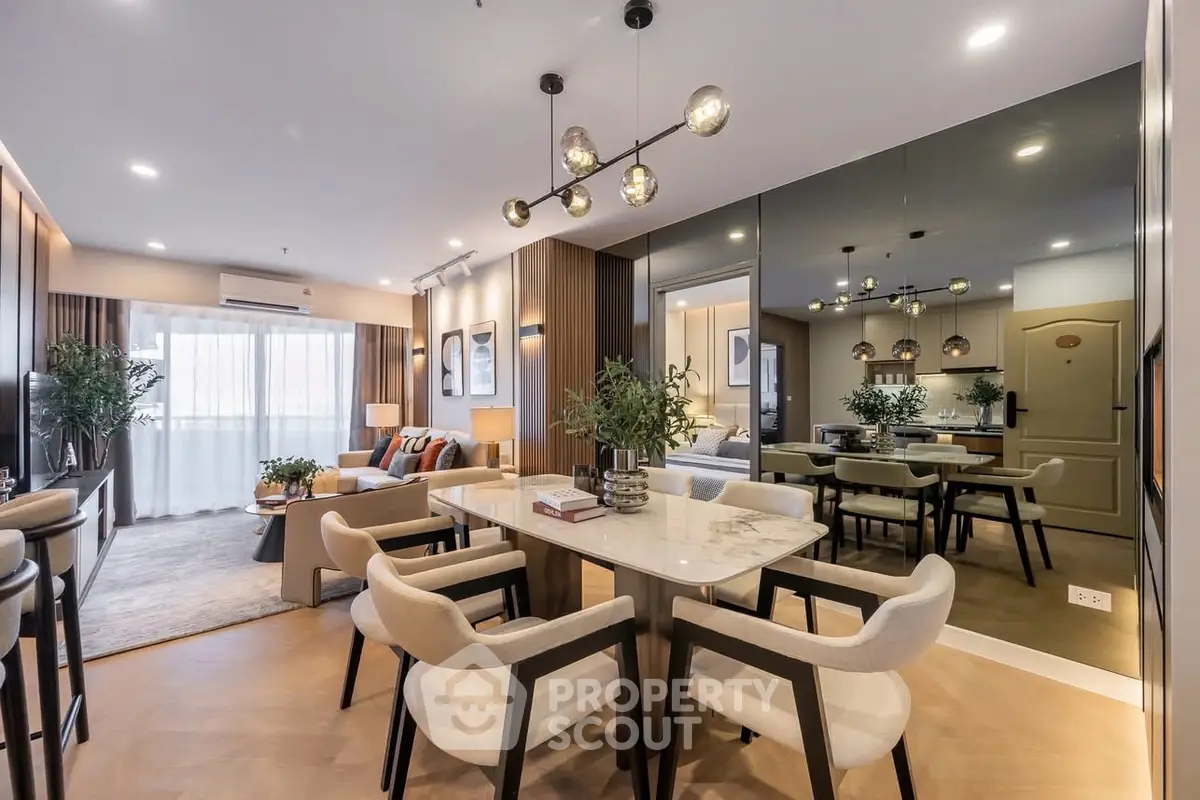 Luxurious modern living room with elegant dining area and stylish decor