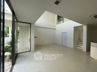 Spacious modern living room with large windows and minimalist design