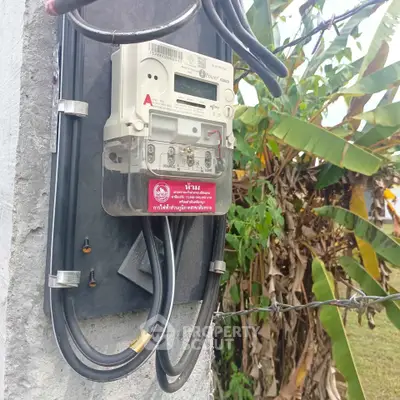 Outdoor electric meter installation on concrete wall with lush greenery background.