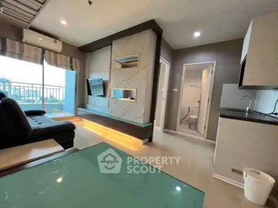 Modern living room with balcony view and sleek interior design