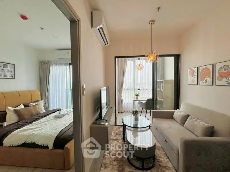 Modern apartment interior with cozy living room and stylish bedroom