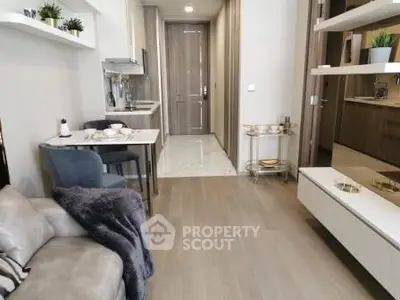Modern living room with open kitchen in stylish apartment