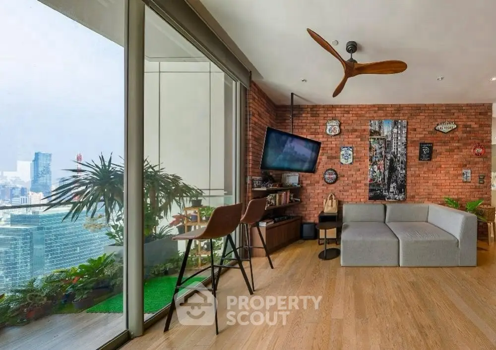 Modern living room with city view, stylish decor, and large windows.