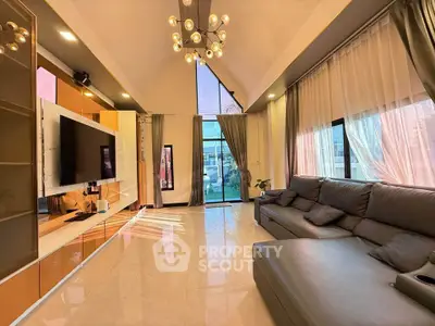 Spacious modern living room with high ceilings and large windows