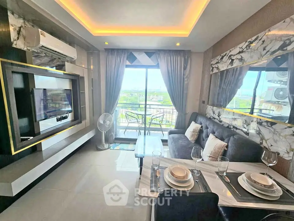 Modern living room with elegant decor and balcony view