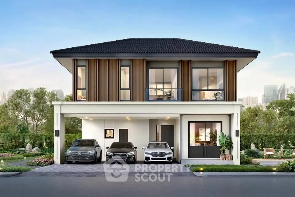 Modern two-story house with sleek design and luxury cars parked in driveway, surrounded by lush greenery.