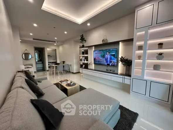 Modern living room with sleek design and built-in shelving