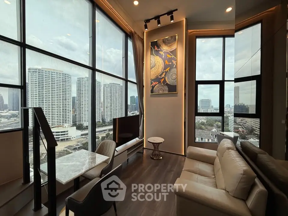 Luxurious living room with stunning city view and modern decor