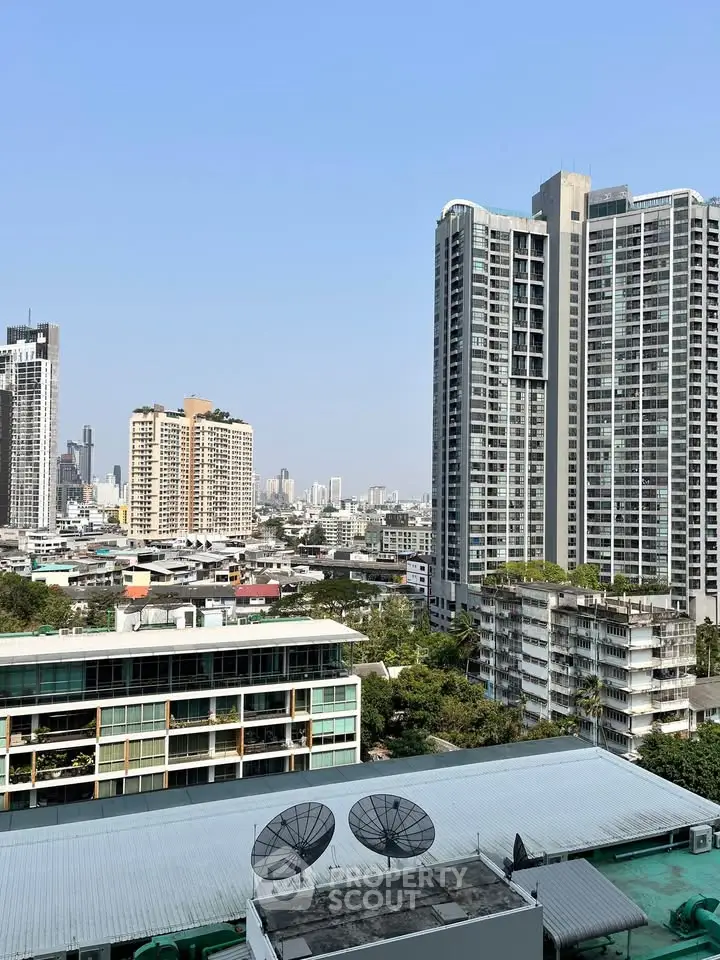 Stunning cityscape view with modern high-rise buildings and clear blue sky.