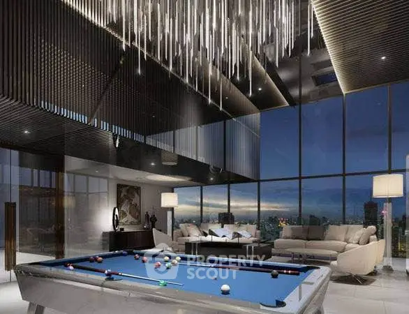 Luxurious penthouse living room with pool table and stunning city view