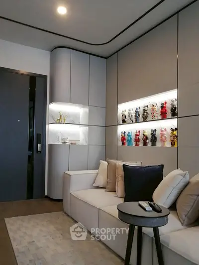 Modern living room with stylish decor and unique display shelves
