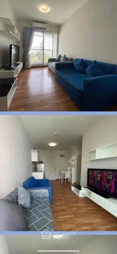 Modern living room with stylish blue sofa and large TV, featuring wooden flooring and natural light.