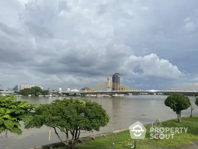 Scenic river view with modern bridge and city skyline under cloudy sky