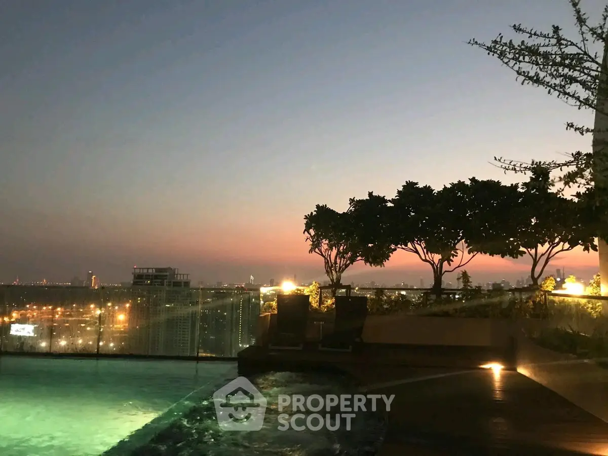 Stunning rooftop pool with breathtaking city skyline view at sunset.