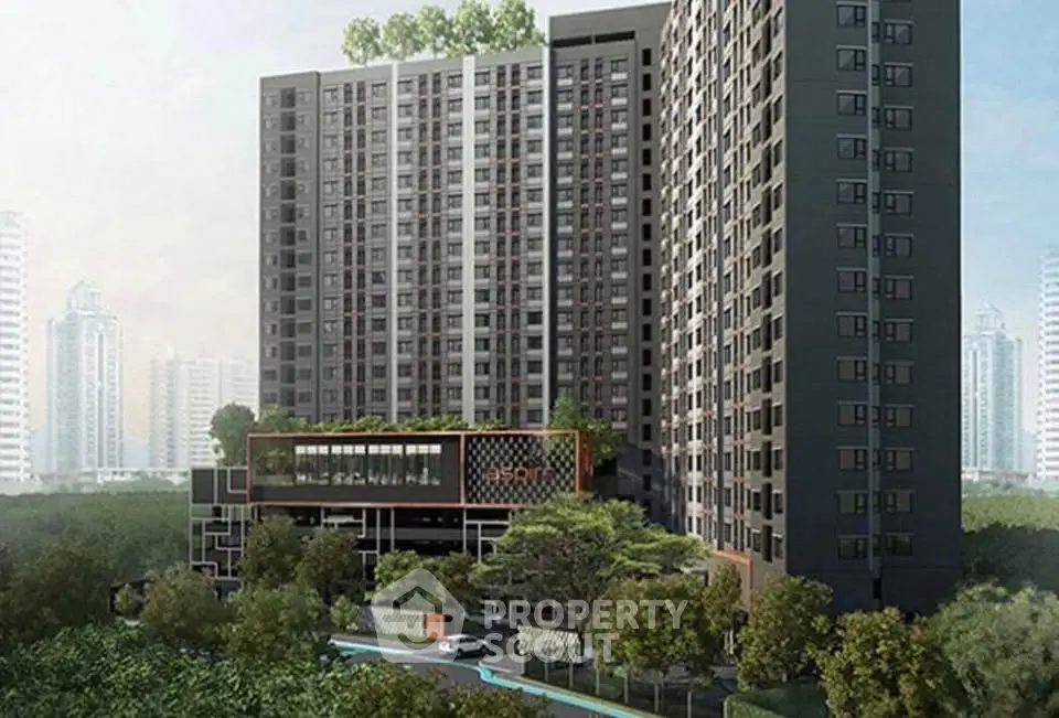 Modern high-rise residential building with lush greenery and urban skyline view.
