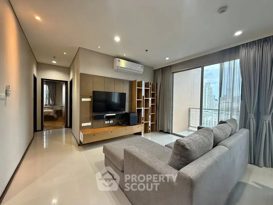 Spacious modern living room with city view and elegant decor