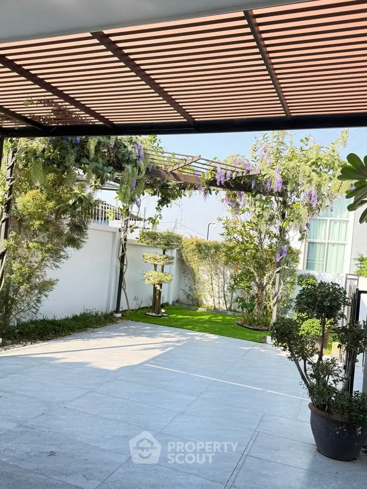 Charming garden view with lush greenery and pergola in modern home exterior.