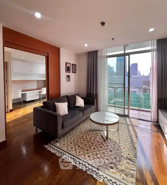 Modern living room with city view and stylish decor