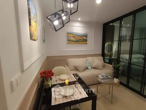 Modern living room with elegant dining area and cozy sofa, perfect for urban living.