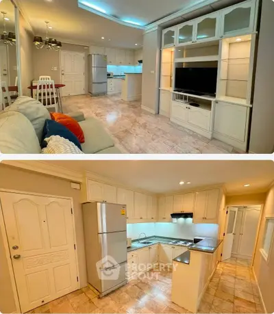 Spacious open-layout living room and kitchen with modern appliances and elegant cabinetry.