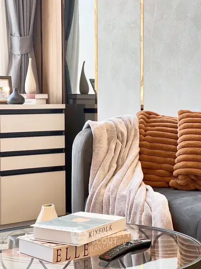 Stylish living room with cozy sofa, elegant decor, and modern furnishings.
